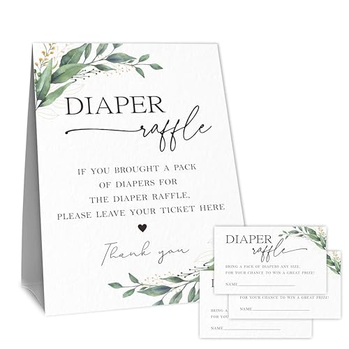 Baby Shower Diaper Raffle Game Set, 1 Greenery Standing Sign & 50 Diaper Raffle Tickets, Supplies & Decorations For Gender Reveal, Baby Announcement, Baby Shower - A08