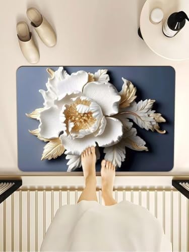 TEKCOOL Bathroom Mat,Door mat Door Mat, Rubber Non-Slip Quick Dry Rugs Fit Under Door Super Absorbent Thin Fashion Washable Oval Floor Bath Mat for Bathroom, Bathtub, Shower and Sink (White Rose-4 pc)