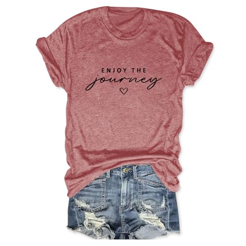 GAQEUWR Women Summer Tops, Enjoy the Journey Shirt, Casual Vacation Travel Graphic Inspirational Short Sleeve Tee Rose Gold