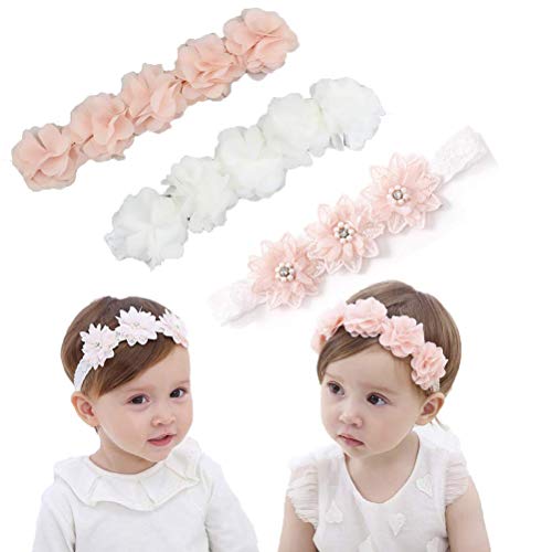 Zerone Baby Girl Headbands, 3Pcs Elastic Hairbands with Hair Bow Accessories for Newborn Infant Girls, Suitable for Photos or Any (Assorted Color)