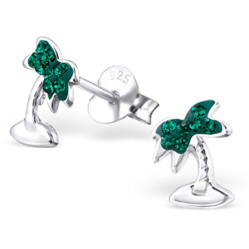 925 Sterling Silver Emerald Green Crystal Palm Tree Stud Earrings 22306