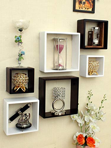 Image of Home Sparkle Wall Mounted Floating Shelves | 6 Set Decorative Cube Shelves Rack | Ideal for Decoration in Living Room, Bedroom & Wall Floating Bookshelf (Brown & White)