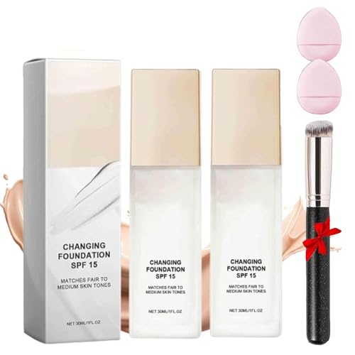 2 piezas Base De Maquillaje LíQuida MáGica Que Cambia De Color, Corrector De Larga DuracióN Y Cobertura Total,Piel Uniforme,Liviano Y CóModo,Para Mujeres