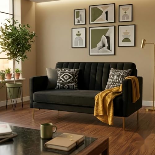 Image of Velum 3 Seater Sofa for Living Room & Office | Premium Fabric Upholstery | Solid Wood Frame | Comfortable Seating | 3 Years Warranty (Black, 2 Seater Sofa)