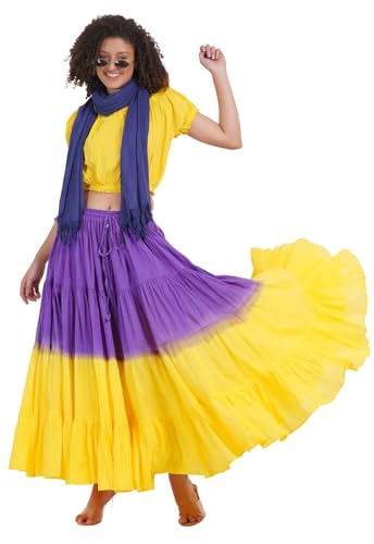 Wevez Women's 25 Yard Tribal Belly Dance Solid Dip Dye 4-Tier Cotton Skirt (Purple-Yellow)3