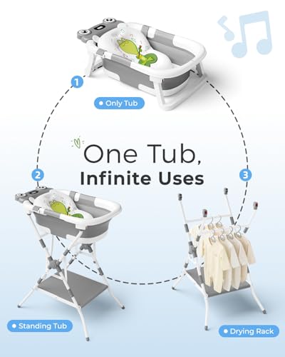 Image of BUNWAG Foldable Baby Bathtub with Stand, 2-in-1 Portable Infant Bath Tub for Newborns and Toddlers, Ergonomic Height for Back Protection& Compact Storage Design