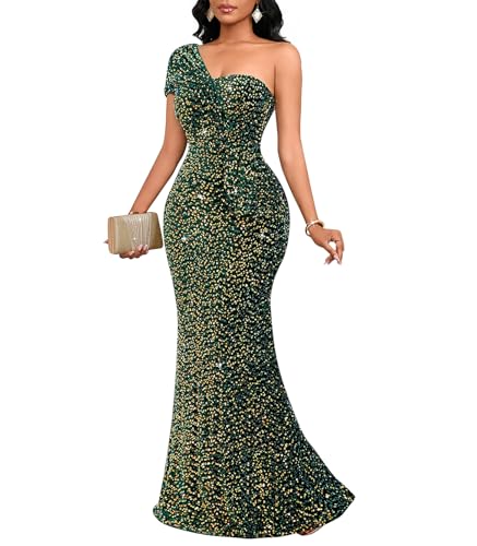 Cololura Women Sexy Sequin One Shoulder Mermaid Formal Party Cocktail Gowns Bodycon Evening Maxi Dress Green