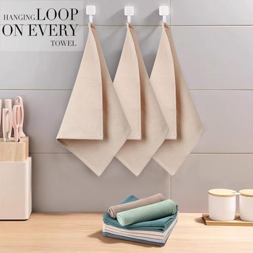 Jogoico 100% Cotton Kitchen Cleaning Cloths 6 PCS Highly Absorbent Soft Dish Cloths (35 x 35 cm) Kitchen Dish Towels Quick Drying Towels Waffle Hand Towels- Beige - Image 4