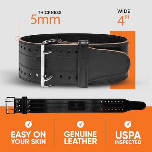 ProFitness Weight Lifting Belt (5mm Thick) - Leather Weight Belt for Men & Women - Back Support Squat Belt - Gym Belt for Weightlifting, Powerlifting & Deadlifts | Adjustable Weightlifting Belt