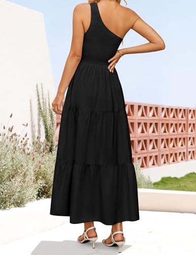 Image of ZESICA Women's 2026 Bohemian Summer Floral Print One Shoulder Sleeveless Smocked Ruffle Tiered Beach Long Midi Dress