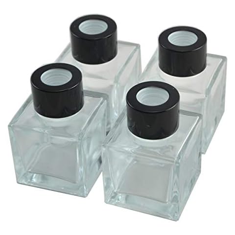 Ougual Set of 4 Square Glass Essential Oils Diffuser Bottles (50ML, Black Caps) Cover