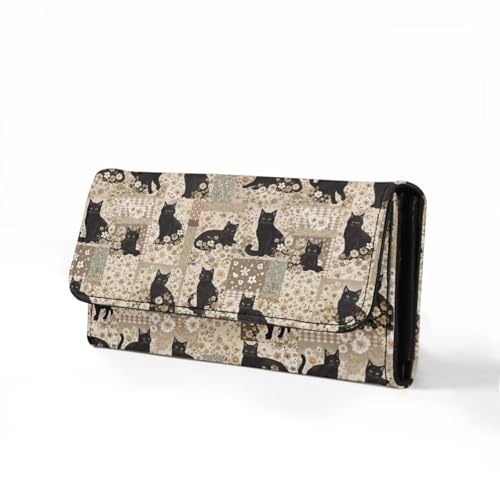 Image of AFPANQZ Black Cat Floral Womens Wallets Leather Trifold Multi Card Holder Slots Wallet, Ladies' Leather Card Pouch Bag for Keys Lipstick Cit Cards Holder