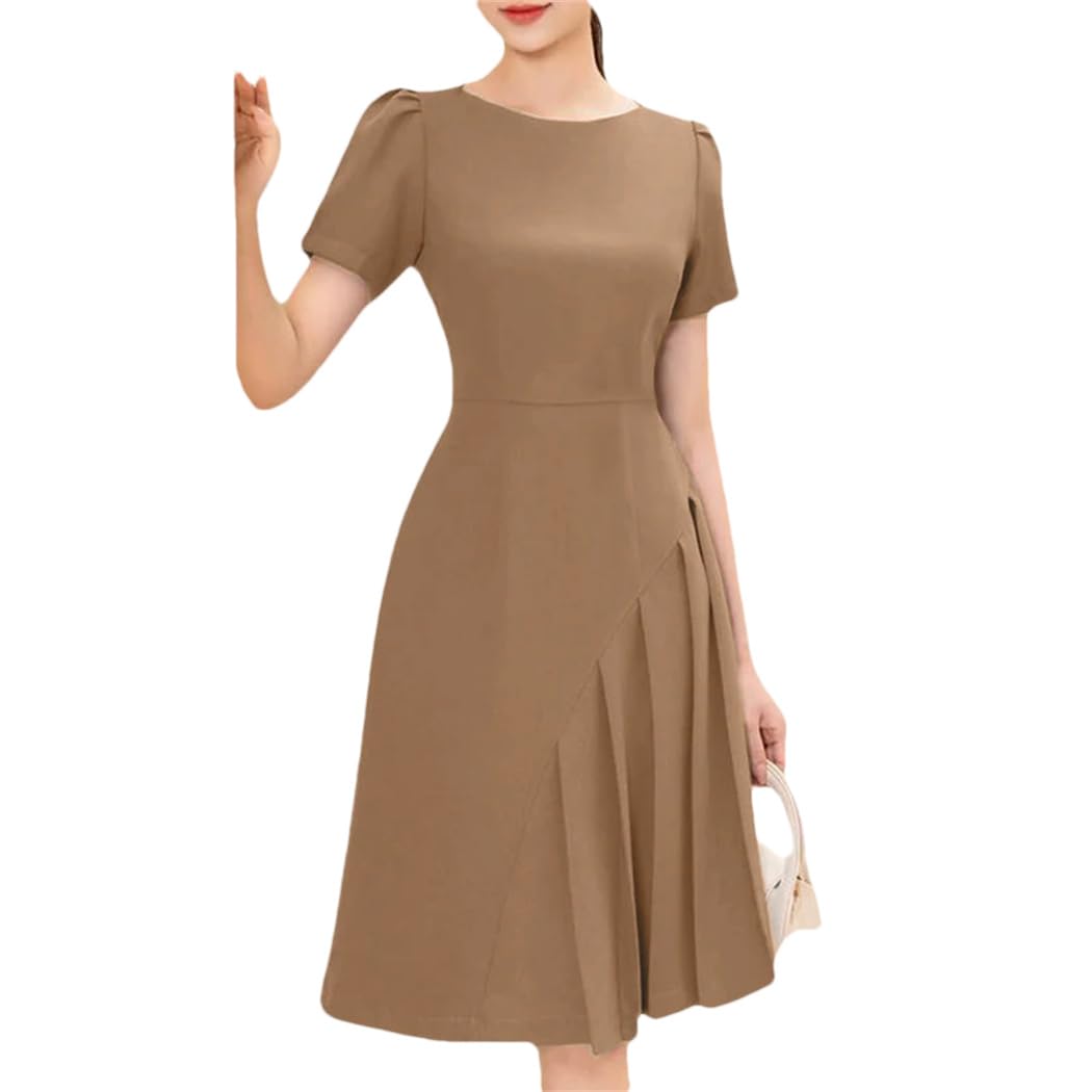 Dvbfufv Women Summer Elegant Work Dress Short Sleeve Party Robe Trendy Solid Pleated A-Line Dresses