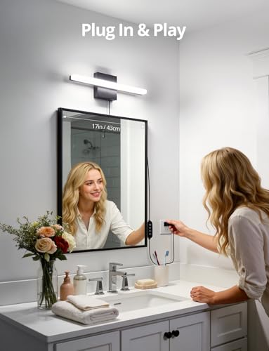 Image of Combuh Black Plug in Vanity Light Bar Corded for Bathroom Lighting Fixture No Wiring, 16Inch 5 Colors Adjustable Dimmable Modern Bright Daylight Mirror Lamp for Wall Dressing Room Makeup (with Plug)