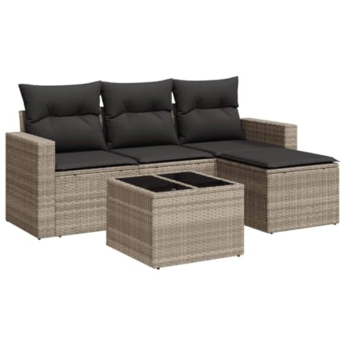 Canapé de jardin en rotin 5 pièces salon modulable gris clair table verre - 3