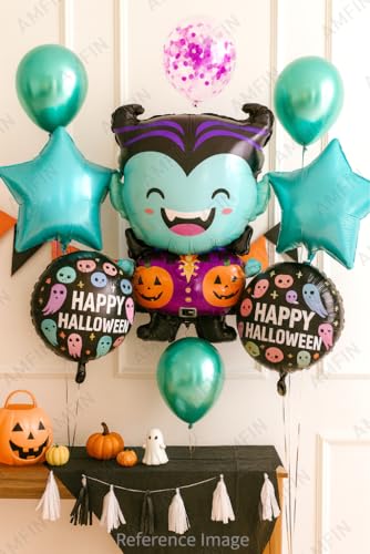 Image of AMFIN (Pack of 11) Halloween Balloon Decoration Set - Cartoon Vampire Foil Balloon, 2 inchHappy Halloween inch Round Balloons, 2 Blue Star Balloons - Spooky Party Supplies for Kids & Adults