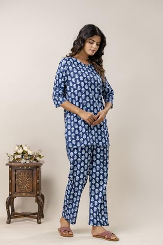 Image of Pure Cotton Printed Night Suit Top and Pyjama Set for Women's Night Dress of Shirt & Pyjama Set for Womens