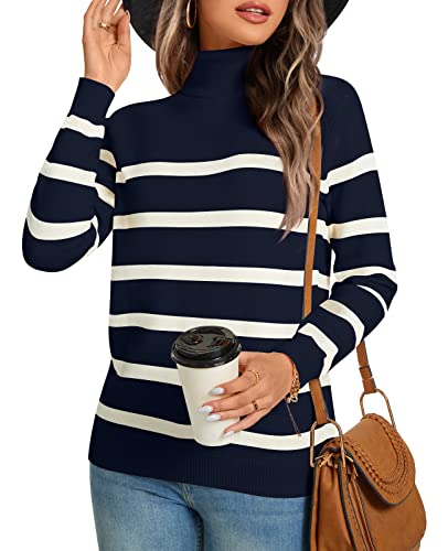 LONGYUAN Women Winter Turtle Necks Striped Knit Sweater Long Sleeve Pullover Casual Color Block Spring Tops 20252