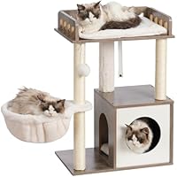 Heybly Krabpaal, 145 cm Hoge Multi-Tier Krabpaal Klimtoren, Uitgerust Met 2 Grote Platforms, 1 Grote Hangmat, Een Kattenmand, Balspeelgoed En Kattennesten, Rookgrijs HCT016G