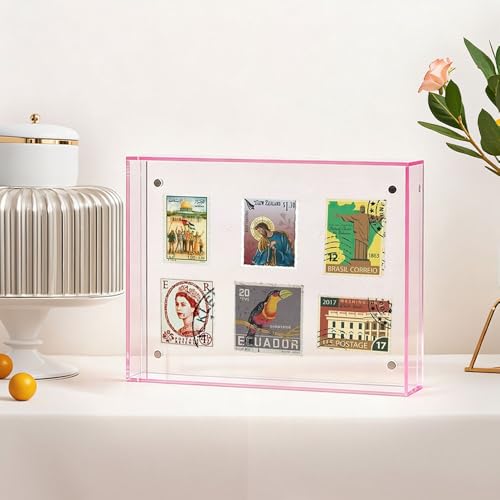 Acryl Bilderrahmen, 15 x 20cm Acryl-Fotorahmen, Neon Pink Magnetischer Bilderrahmen, Klarer Rahmenloser Desktop-Fotoblock, für Büro Schreibtisch, Zuhause, Desktop, Hoch-Oder Querformat (Transparent)