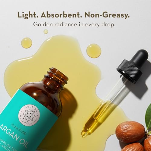 Image of Pure Body Naturals Argan Oil for Skin and Face - 4 fl oz Cold Pressed, Light, Non-Greasy, Nourishing Pure Argan Oil for Hair - Aceite de Argan