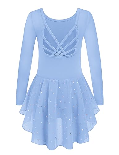 Arshiner Ropa de Ballet Vestido de Ballet para Niñas Leotardo de Ballet de Manga Larga Falda de Ballet Traje de Ballet para Niños Vestido de Baile sin Espalda con Tutú Azul 3-4 Años