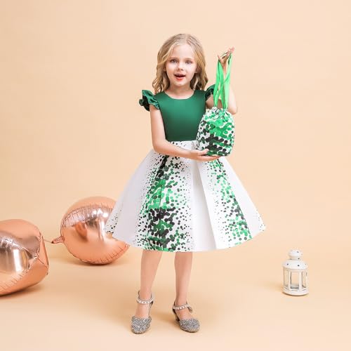 Quenny Christmas girl's dress St. Patrick's Day printed forged cloth dress flounced sleeve party princess dress(Green,130cm(8-9Y))3