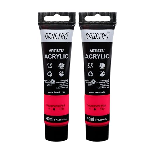 Image of BRUSTRO Artists Acrylic Paint Tube | 40ml, Fluorescent Pink (Pack of 2)|Non-Toxic, Water based, Inter Mixable, Ideal for Painting, Textured Effects on Canvas, Paper, Fine Art Student and Professionals