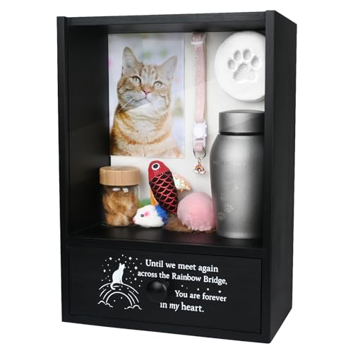 Pet Memorial Shadow Box Keepsake 9.2x13 Cat Memorial Gifts for Loss of Cat Death Sympathy Remembrance Bereavement Gift Large Pet Memory Box Frame Display Case with Deep Rainbow Bridge Drawer