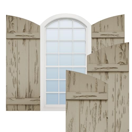 Ekena Millwork 16 1/2"W x 54"H (48 1/2" Low Side) Timberthane Pecky Cypress Three Board Joined Board-n-Batten w/Elliptical Top Faux Wood Shutters (Per Pair), Primed Tan