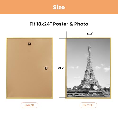 Image of upsimples 18x24 Picture Frame Gold 3 Pack, Scratch-Proof Poster Frames 18 x 24 for Photo Gallery - Slide-In Strips, Horizontal or Vertical Wall Mounting