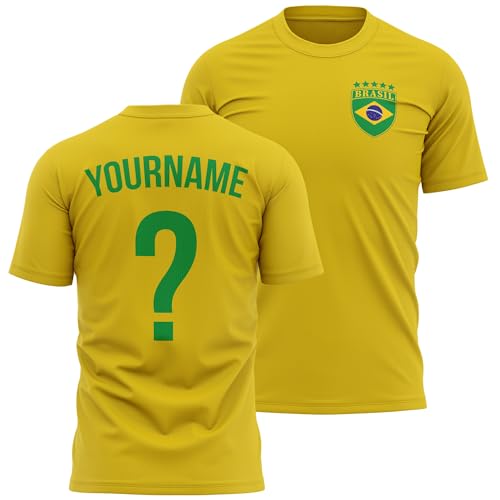 Image of Brasil Personalised Mens T Shirt - Custom Name Number Retro Brazil Badge Pocket Tee Brazilian Football Fan Tshirt, M, Yellow
