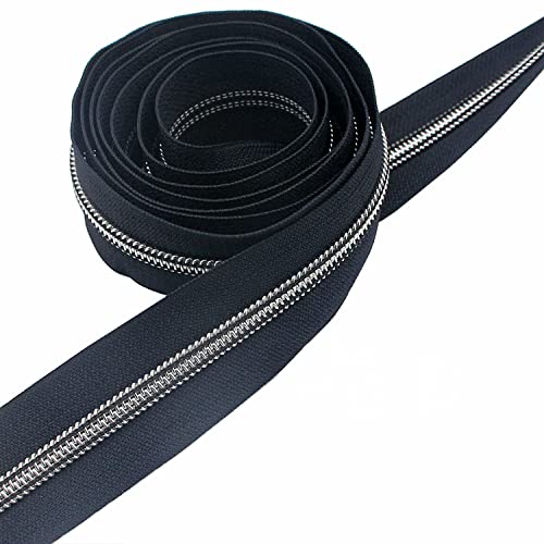 Image of Leekayer #5 Silver Metallic Nylon Coil Zippers by The Yard Bulk 10 Yards Zipper Tape with 25pcs Silver Sliders for DIY Sewing Tailor Craft Bag (Navy Black)