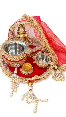 Image of Karwa Chauth thali Set, Pooja thali, Decorate thali, Decor, Red & Gold, Pink & Gold Karwa Chauth thali Set