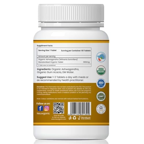Image of Organic Ashwagandha Tablets - 600 mg 60 Tablets - Stress Relief - Rejuvenates Mind and Body - Boosts Energy and Immunity - Ashwagandha Tablets