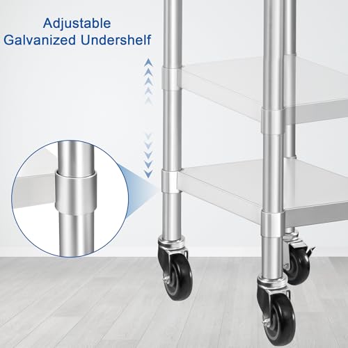 Image of HARDURA Stainless Steel Commercial Table Prep & Work Table with Casters Heavy Duty Metal Table with Wheels NSF 430 18x36 Inches