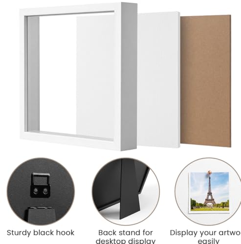 8x8 Shadow Box Frame | Soft Linen Back & Push Pins Included, Polystyrene Glass Memory Display Case for Flowers, Tickets & Cherished 3D Items, White