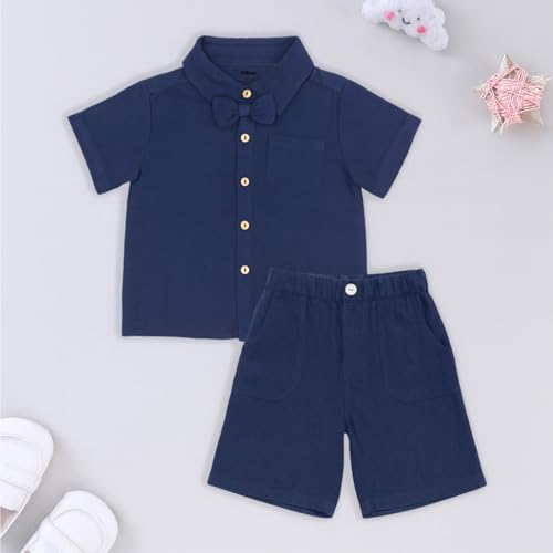 Image of Kidbea 100% Linen Shirt & Pant Co-ord Set for Kids | Elegant & Comfortable Summer Wear | Stylish Short-Sleeve Shirt with Bow & Comfy Shorts