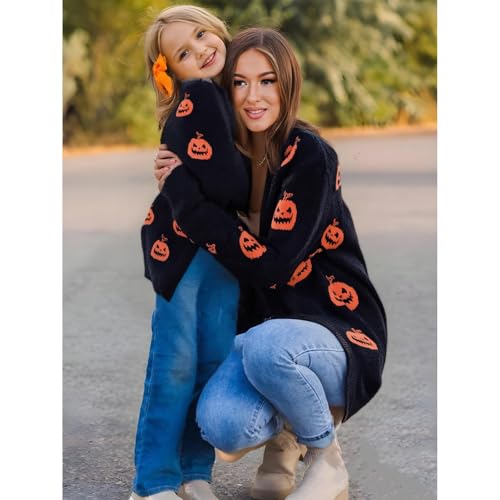 Mommy and Me Halloween Fall Outfit Pumpkin Spooky Embroidery Long Sleeve Open Front Knit Cardigan Sweater Top4