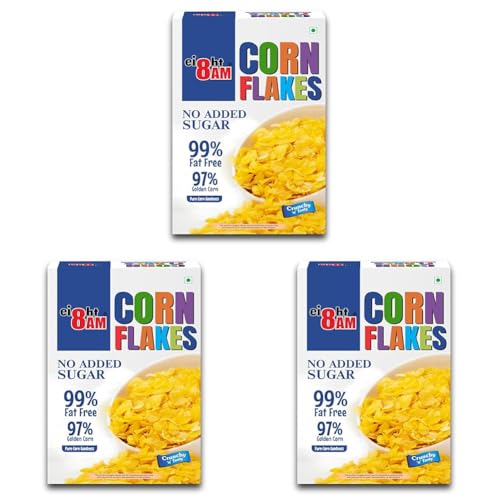 Image of 8AM Corn Flakes 500 Gram, No Added Sugar, 97% Corn, 99% Fat Free, No Cholesterol, Trans Fat, Artificial Additives, Vitamins B1, B2, B3, B6, B9, Iron, Calcium, Breakfast Cereal (Pack of 3)