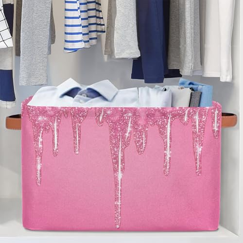 Image of Pink Sparkly Storage Baskets for Organizing, Fabric Collapsible Storage Bins Box Pink Glitter DecorativeToy Organizer Baskets for Closet Shelves Gift Basket 2Pcs