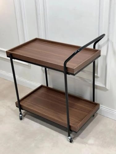 عربة تقديم بعجلات – طابقين خشب مع إطار معدني متين ومقبض مريح – متعددة الاستخدام للمطبخ وغرفة المعيشة – 85×43×70 سم متوفرة بلونين (خشب غامق – Dark Walnut)