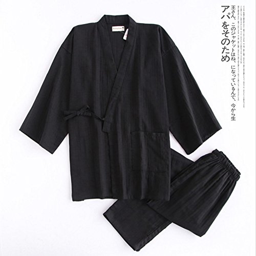 Men's Japanese Style Double Gauze Cotton Kimono Pajamas Suit Dressing Gown Set[Black,L]2