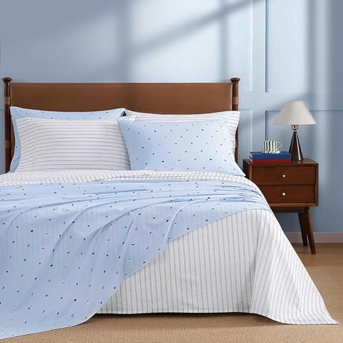 Image of Tommy Hilfiger - King Size Sheet Set, Soft Cotton Percale Bedding with Crisp Cooling Comfort, Deep Pocket Fitted Sheet with Matching Pillowcases, Americana Decor (Nautical Flag Blue)