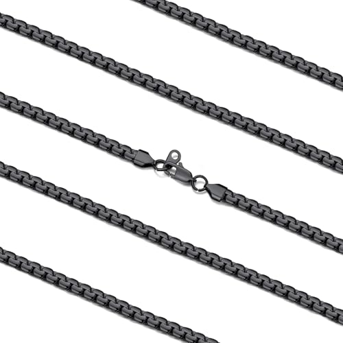 FaithHeart Mens Black/Silver/Gold Stainless Steel Flat Box Link Chain Necklace, Stylish 2/4/6/8mm Width Box Chains Necklaces for Men Non Tarnish Hip Hop Chain Jewelry Gifts,14"-30" Length 14