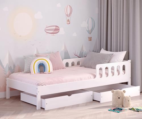 CADANI Finn Kinderbett 90x200 cm-Jugendbett weiß, 29 kg schwer, bis 150 kg belastbar, extra starker Roll-Lattenrost, halboffen, mit 2 Schubladen