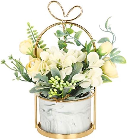 Hobyhoon Artificial Flower with Vase Fake Yellow Silk Flower Arrangements in Ceramics Pot Faux Flower Ball Table Centerpiece Decor for Home Wedding, Party, Living Room, Desk Decoration