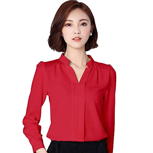 Image of Alaine Women Blouse Long Sleeve Office Lady Shirt Women Tops (Red, Small)