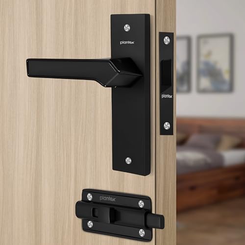 Image of Plantex Heavy Duty Bathroom Door Lock - Mortise 8 Inch Keyless Plate Handle Set for Home /Bathroom /Store Room /Balcony /Office with Baby Latch (8133-DC-Black & Z-Black)
