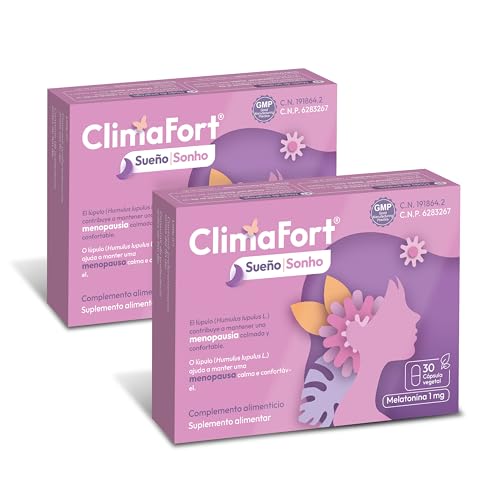 [Pack de 2 cajas] ClimaFort Sueño | Alivia Sofocos, Insomnio y Síntomas de Premenopausia y Menopausia | Lúpulo, Melatonina, Vitaminas, Minerales | 2 meses de Tratamiento | 1 Cápsula al día